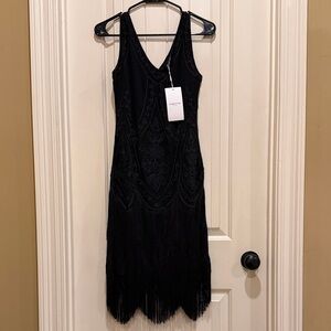 Chic Black Midi Dress with Fringe Detailing